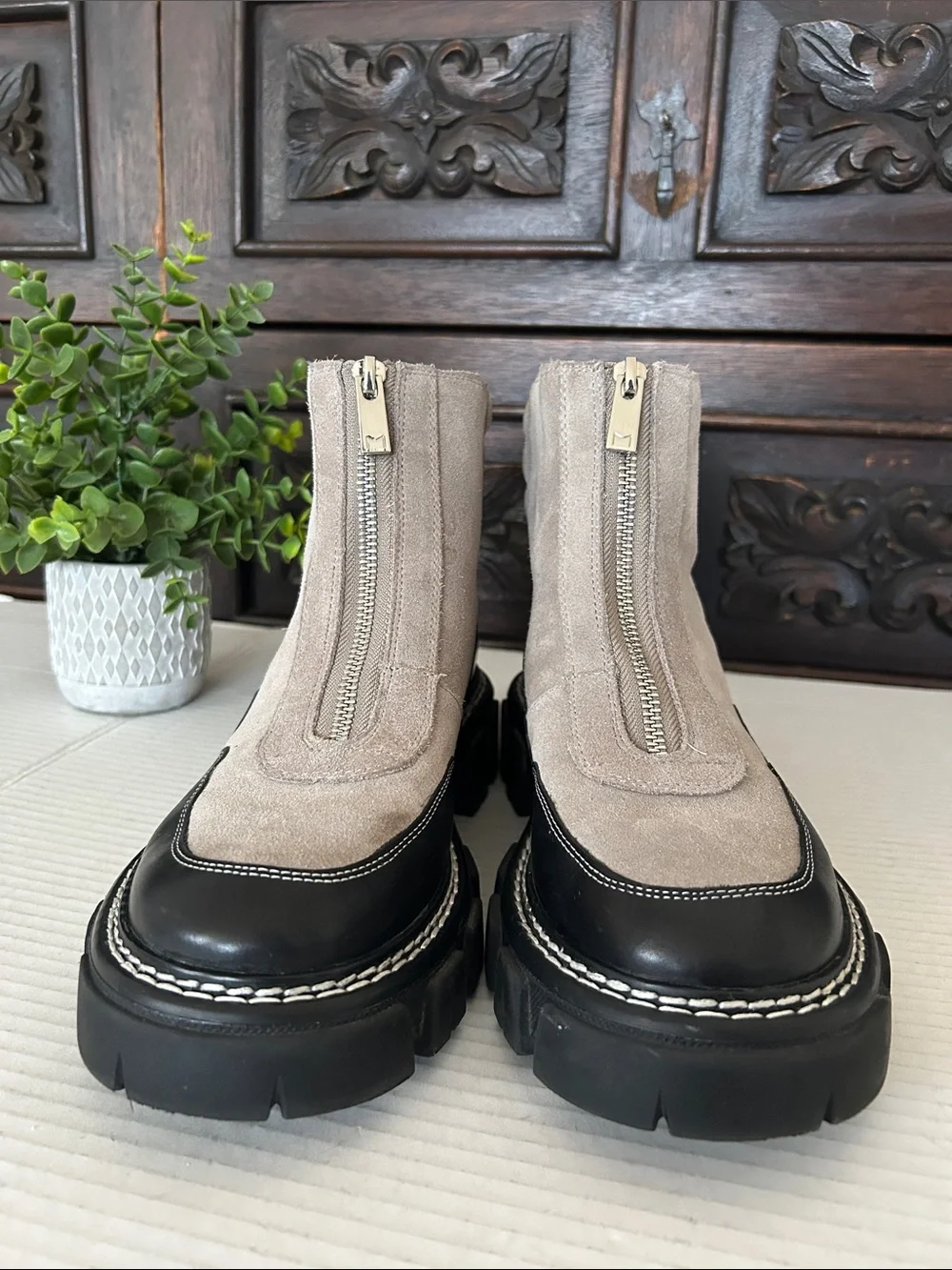 Marc Fisher Taupe Suede and Black Leather Lug-Zip Ankle Boots